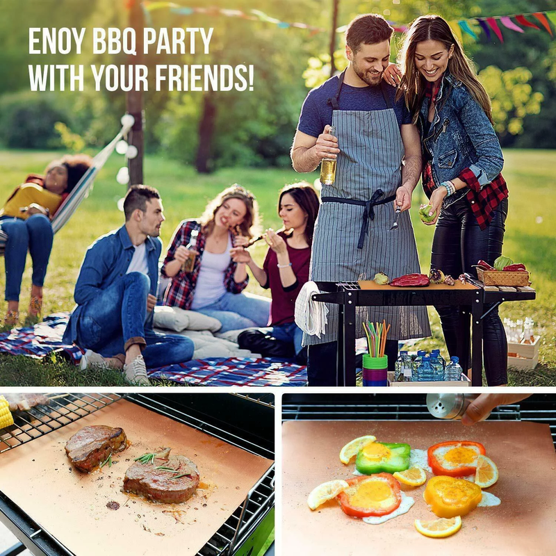 Set of 5 Heavy Duty Copper BBQ Grill Mats - Non Stick Easy to Clean, Reusable