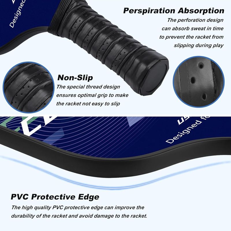 Set of 2 Pickleball Paddles & Accessories - Fiberglass Pickleball Equipment Set with 2 Pickleball Rackets, 4 Pickleball Balls, 2 Grip Tapes & 1 Carrying Bag