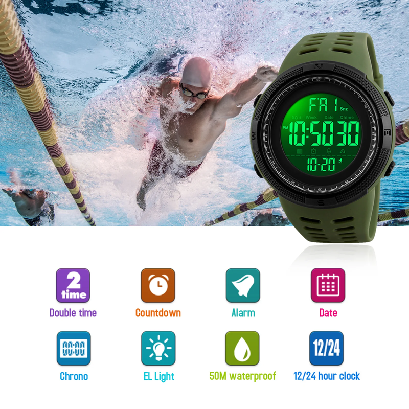 Men's Waterproof Digital Sport Watch, Alarm, Back Light, Classic Big Face