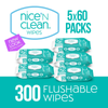 5 Packs of 60 Wipes, Flushable Wet Wipes, 300 Total Wipes