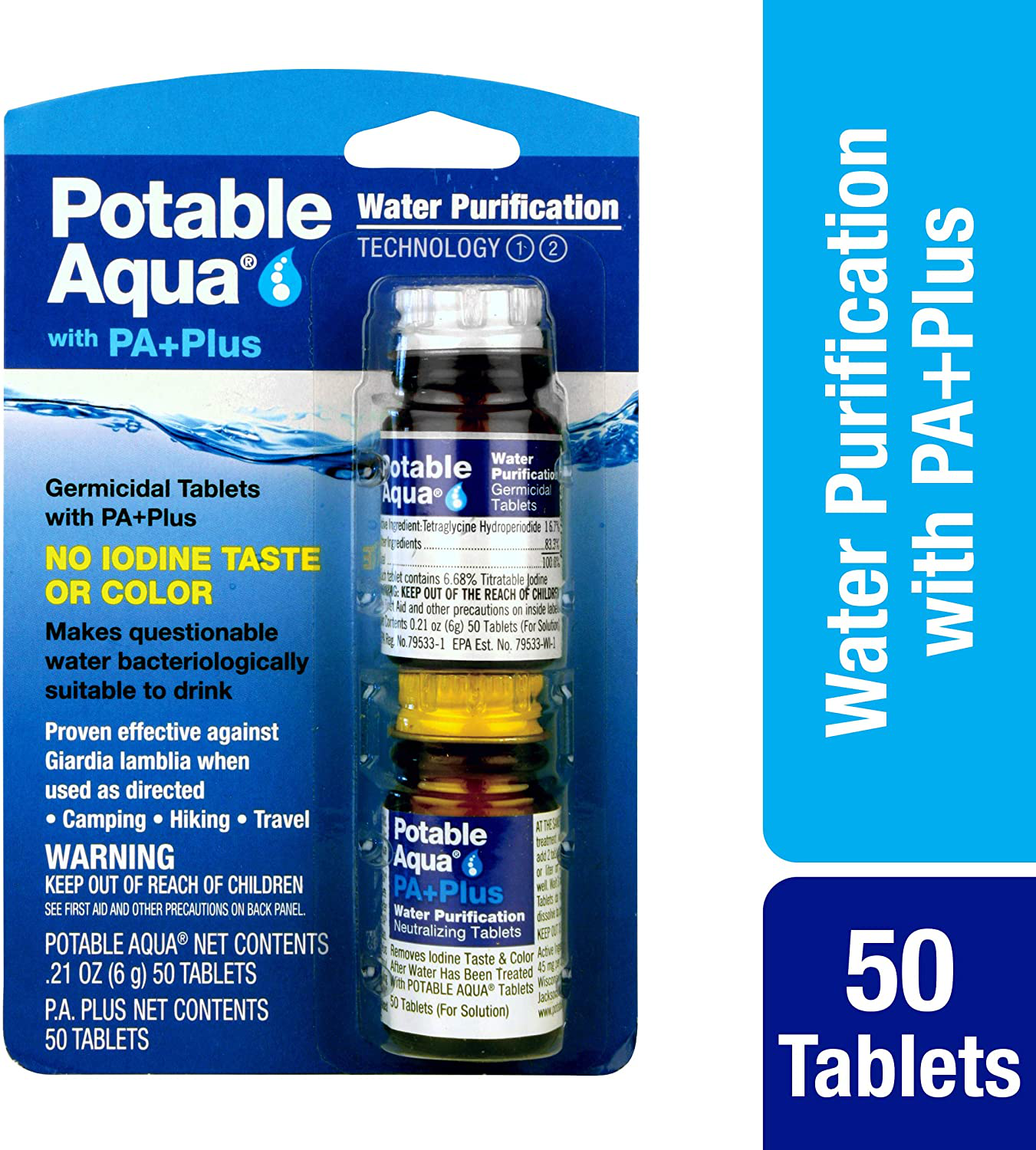 Potable Aqua Water Purification Tablets With PA Plus - Two 50 count Bottles