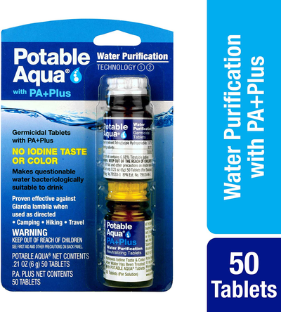 Potable Aqua Water Purification Tablets With PA Plus - Two 50 count Bottles