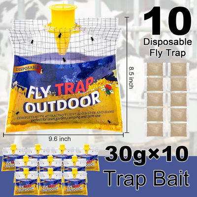 10 Pack Disposable Fly Traps-  Outdoor Hanging, Fly Trap Bags with Natural Attractant 