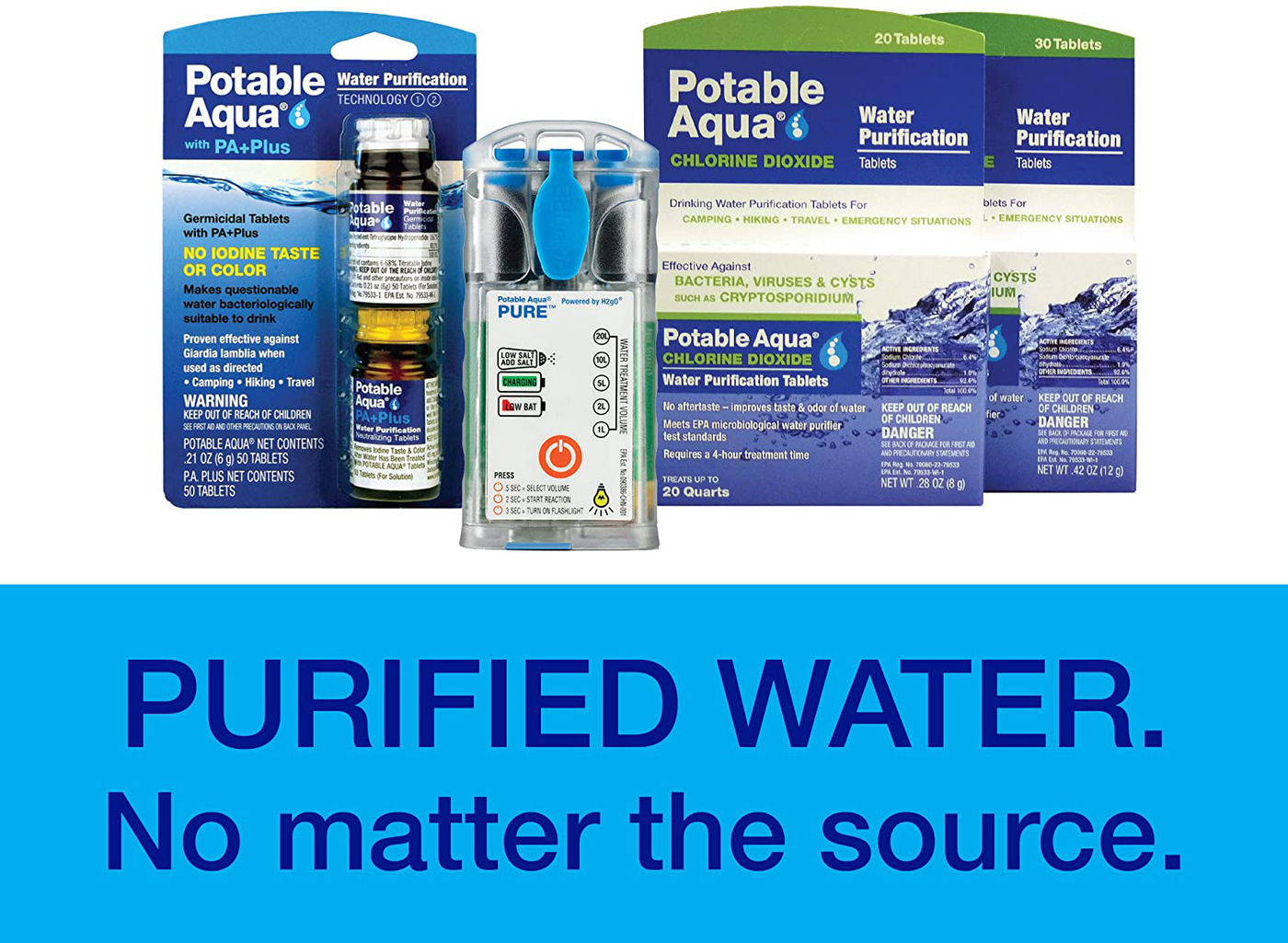 Potable Aqua Water Purification Tablets With PA Plus - Two 50 count Bottles