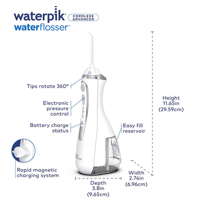 Waterpik Cordless Advanced Water Flosser For Teeth, Gums, Braces, Dental Care With Travel Bag and 4 Tips, ADA Accepted, Rechargeable, Portable, and Waterproof, White WP-560