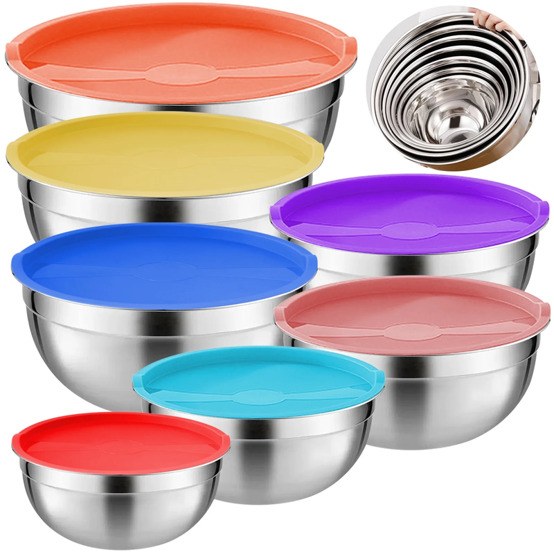 Set of 7 Mixing Bowls with Lids - Stainless Steel Nesting Bowls