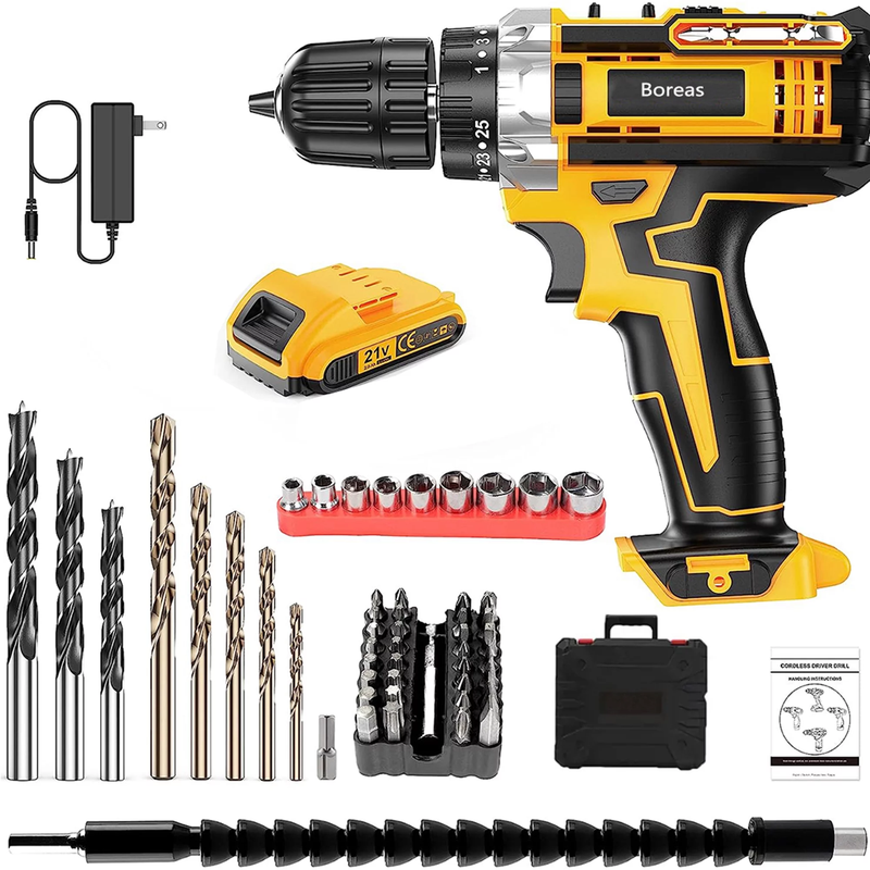 21V Cordless Drill Driver 3/8'' Electric Power Drill Set, 2000Mah Lithium-Ion Battery