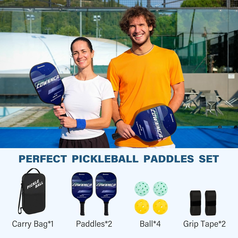 Set of 2 Pickleball Paddles & Accessories - Fiberglass Pickleball Equipment Set with 2 Pickleball Rackets, 4 Pickleball Balls, 2 Grip Tapes & 1 Carrying Bag