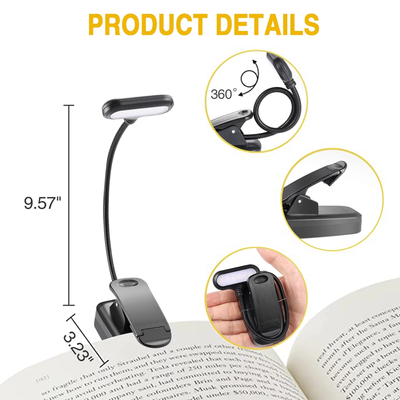 2 Pack Rechargeable Clip On Lightweight Book Lights - 6 LED, 3 Brightness Levels & 3 Color Temperatures