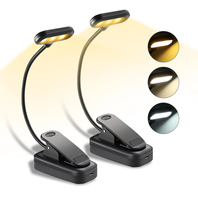 2 Pack Rechargeable Clip On Lightweight Book Lights - 6 LED, 3 Brightness Levels & 3 Color Temperatures