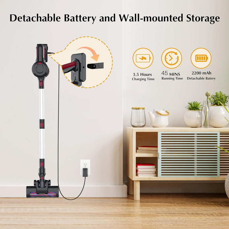 Cordless Stick Vacuum Rechargeable with 2200mAh Detachable Battery