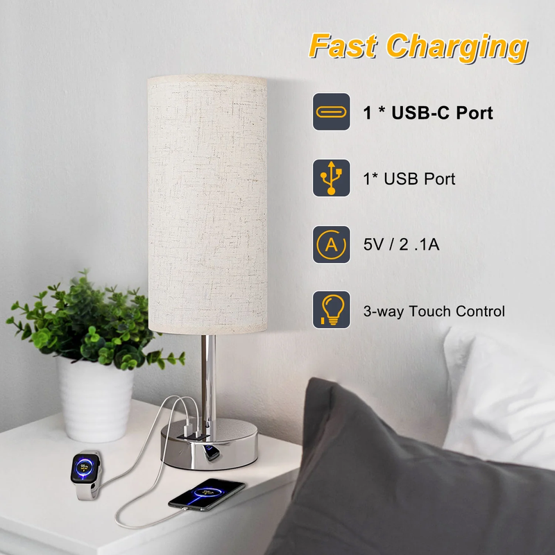 3 Way Dimmable Touch Lamp, USB C&A Fast Charging Ports