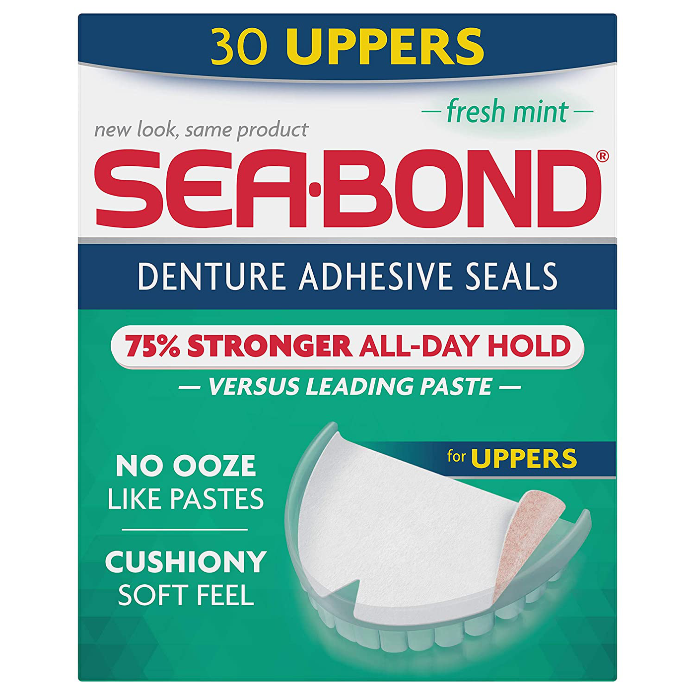 Sea Bond Secure Denture Adhesive Seals, Fresh Mint Uppers, Zinc Free, All Day Hold, Mess Free, 30 Count