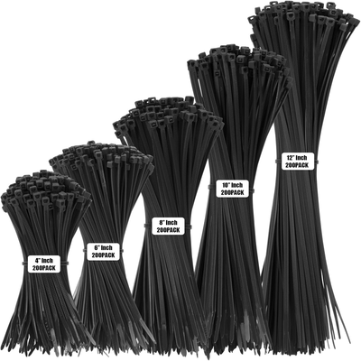 1000 PCS Self-Locking Heavy Duty Cable Zip Ties - 4+6+8+10+12 Inch