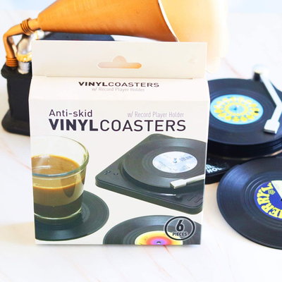  Set of 6 Retro Record Coasters for Drinks with Vinyl Holder