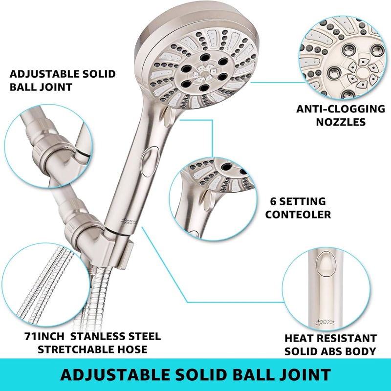 Shower Head with Handheld Attachment, 6 Settings, High Pressure Powerful Water Spray Head with 70 Inch Stainless Steel Hose and Bracket