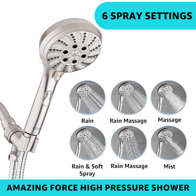 Shower Head with Handheld Attachment, 6 Settings, High Pressure Powerful Water Spray Head with 70 Inch Stainless Steel Hose and Bracket