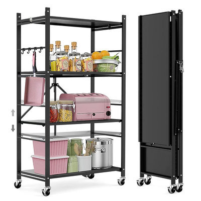 Multi-Tier Storage Shelving Unit - Metal Shelf, Adjustable Height, Foldable Storage Shelf with Wheels