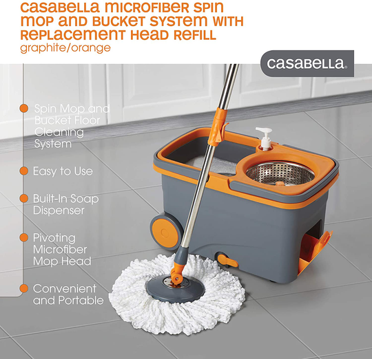 Casabella Microfiber Spin Mop and Bucket System with Replacement Head Refill, Graphite/Orange