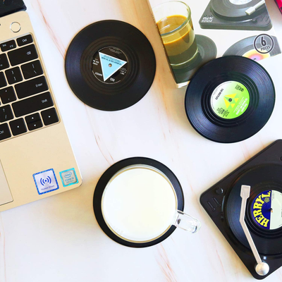  Set of 6 Retro Record Coasters for Drinks with Vinyl Holder