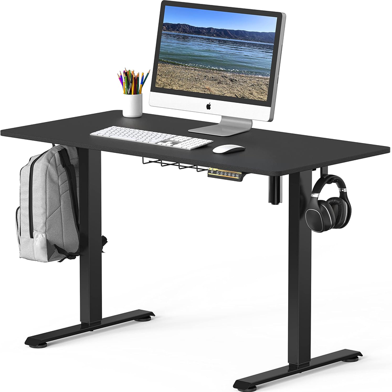 Adjustable Electric Height Sit Stand Desk with Hanging Hooks and Cable Management