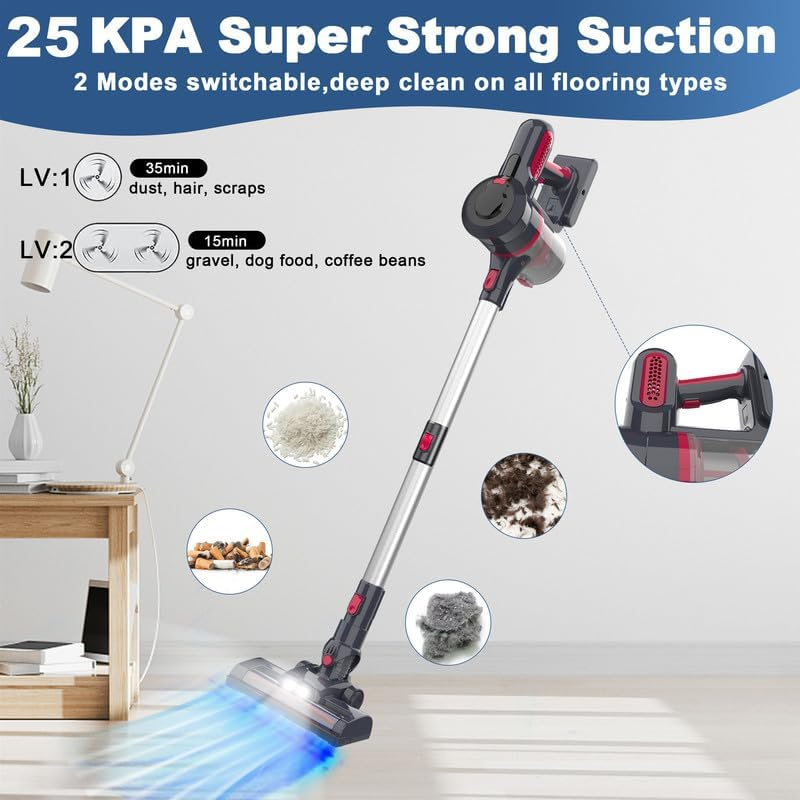 Cordless Powerful Lightweight Vacuum Cleaner, 210W 25Kpa Powerful Detachable Battery