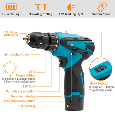 12V Cordless Drill Driver with 42 Accessories with 3/8" Keyless Chuck, 2 Speed, 18+1 Position, Built-In LED