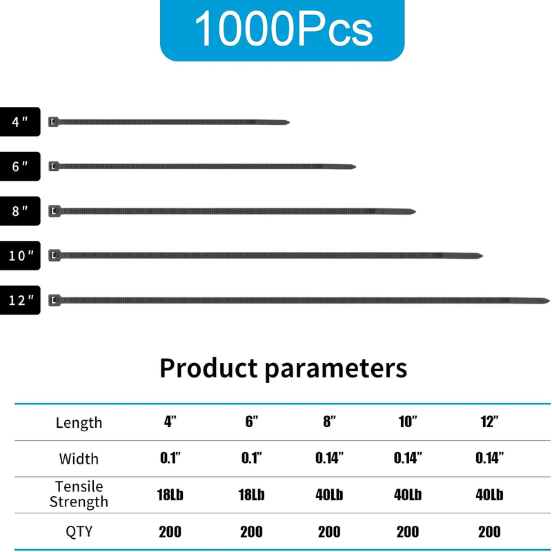 1000 PCS Self-Locking Heavy Duty Cable Zip Ties - 4+6+8+10+12 Inch