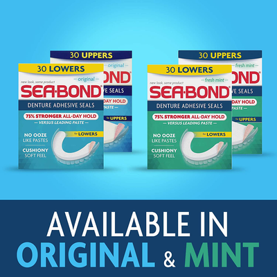 Sea Bond Secure Denture Adhesive Seals, Fresh Mint Uppers, Zinc Free, All Day Hold, Mess Free, 30 Count