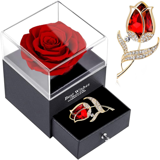 Preserved Rose Gift Box with Ruby Brooch, Eternal Rose in Jewelry Box