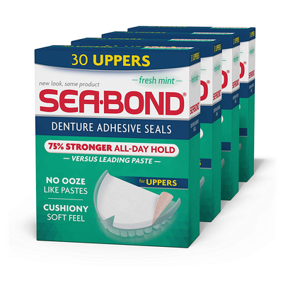 Sea Bond Secure Denture Adhesive Seals, Fresh Mint Uppers, Zinc Free, All Day Hold, Mess Free, 30 Count