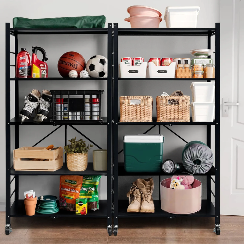 Multi-Tier Storage Shelving Unit - Metal Shelf, Adjustable Height, Foldable Storage Shelf with Wheels