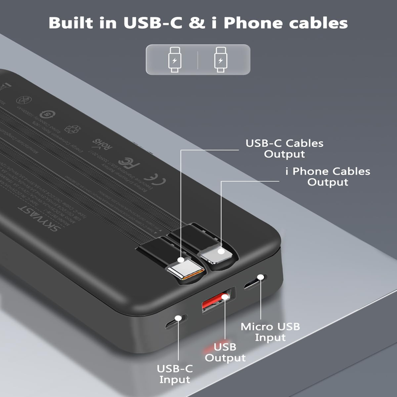 20000mAh Power Bank with 2 Built-in Cables, 22.5W Fast Charging with Screen, Portable Charger