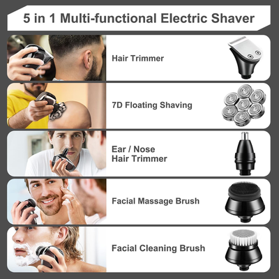 5 in 1 Electric Shaver 7D  Rechargeable Bald Shaver Grooming Kit with LED Display