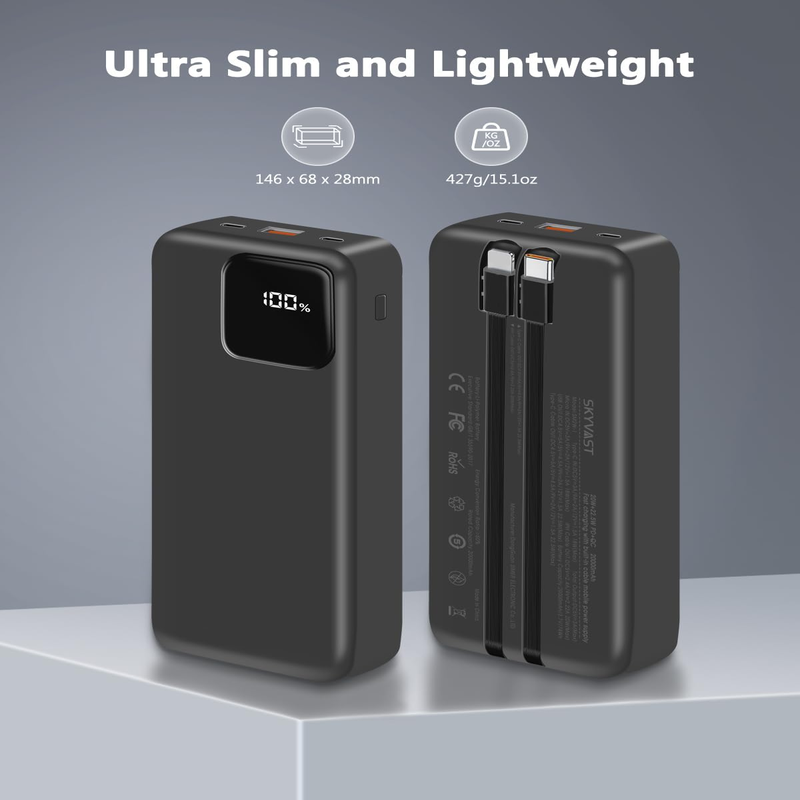 20000mAh Power Bank with 2 Built-in Cables, 22.5W Fast Charging with Screen, Portable Charger