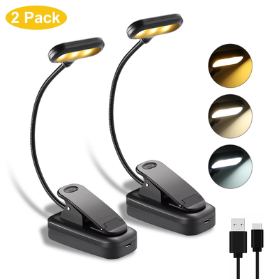 2 Pack Rechargeable Clip On Lightweight Book Lights - 6 LED, 3 Brightness Levels & 3 Color Temperatures