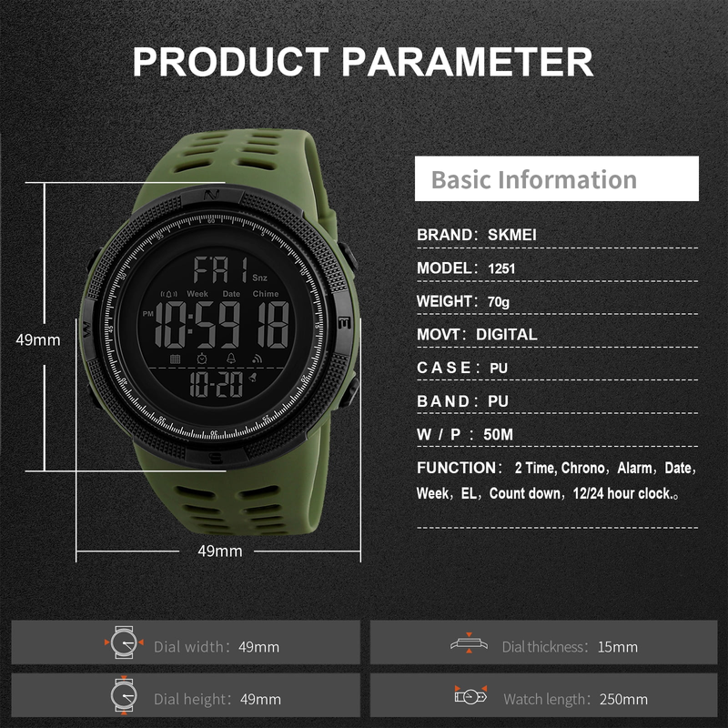 Men's Waterproof Digital Sport Watch, Alarm, Back Light, Classic Big Face