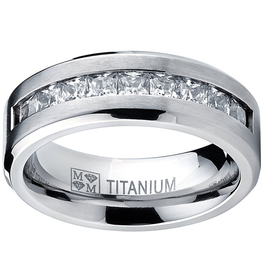 Titanium Men's .9 Ct Wedding Band with 9 Large Princess Cut Cubic Zirconias