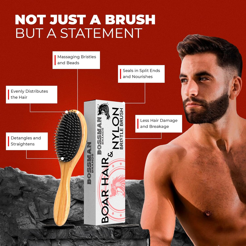 Men’s Bristle Hair and Beard Brush - Wooden Oval Detangling Wet Brush