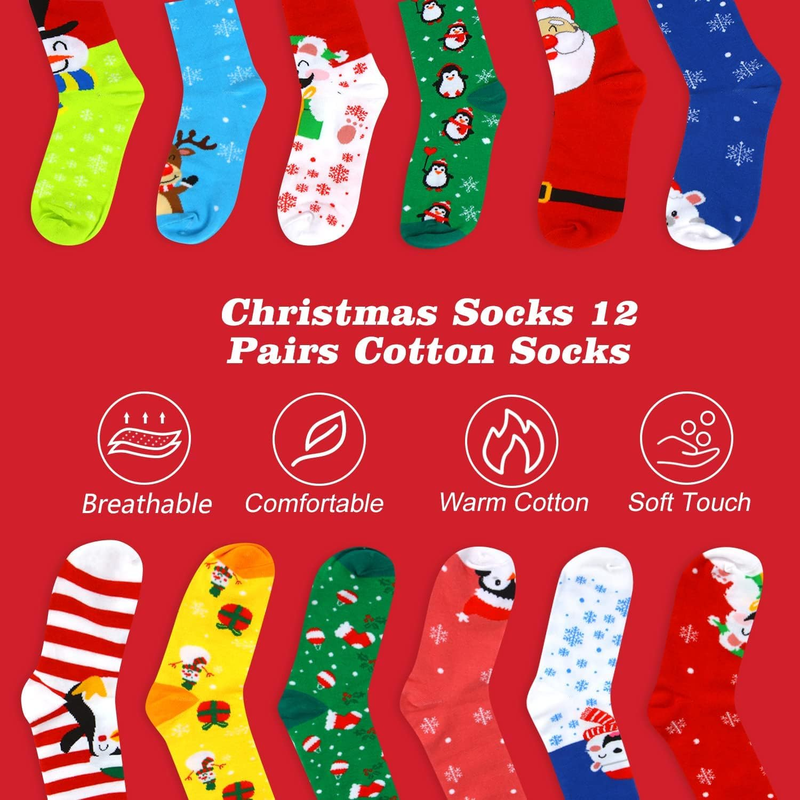 12 Pairs Christmas Winter Fun Socks Unisex Gift Socks for Family