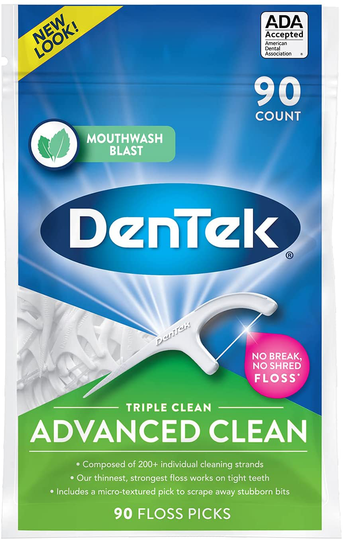 DenTek Triple Clean Advanced Clean Floss Picks, No Break & No Shred Floss, 90 Count
