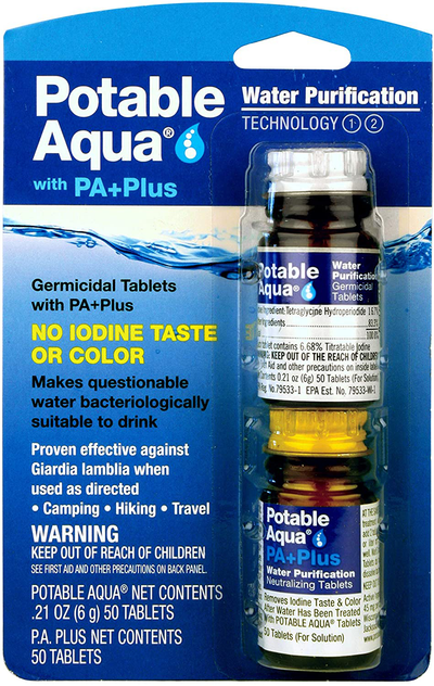 Potable Aqua Water Purification Tablets With PA Plus - Two 50 count Bottles