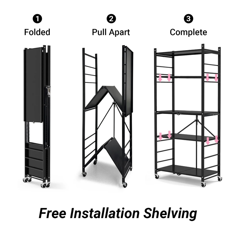 Multi-Tier Storage Shelving Unit - Metal Shelf, Adjustable Height, Foldable Storage Shelf with Wheels