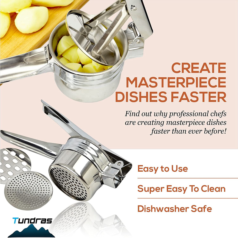 Stainless Steel Potato Ricer - 3 Interchangeable Discs for Fine, Medium, and Coarse