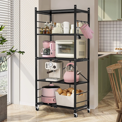 Multi-Tier Storage Shelving Unit - Metal Shelf, Adjustable Height, Foldable Storage Shelf with Wheels