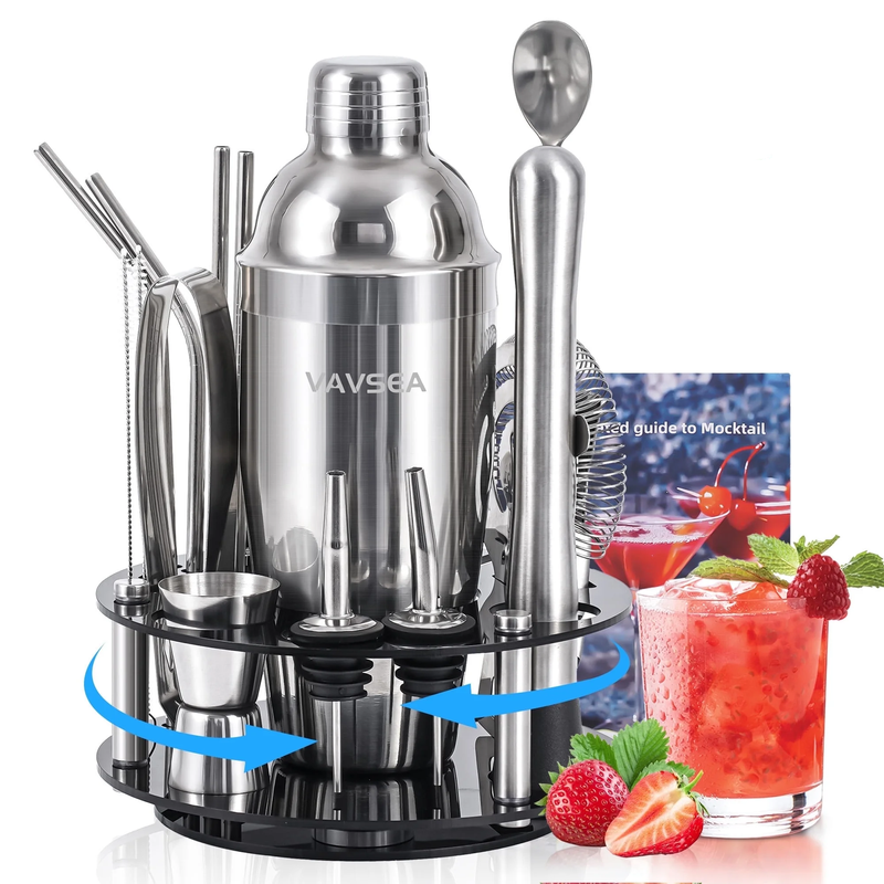 19 Piece Cocktail Shaker Set with Rotatable Stand, Mixology Bartender Kit 