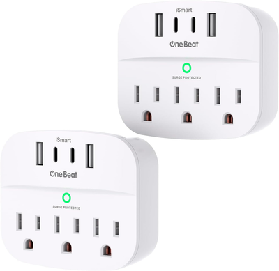 2 Pack Surge Protector Outlet Extender with 3 Wall Outlets 4 USB Wall Charger(2 USB C), 490 Joules