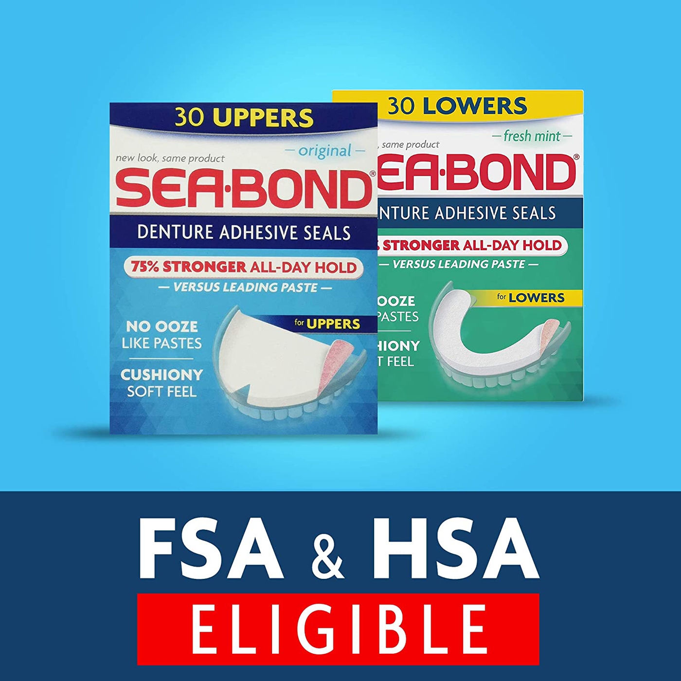 Sea Bond Secure Denture Adhesive Seals, Fresh Mint Uppers, Zinc Free, All Day Hold, Mess Free, 30 Count