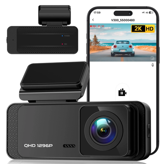 Dash Cam Front Wifi 1296P with Night Vision, APP, 24H Parking Mode, and Loop Recording