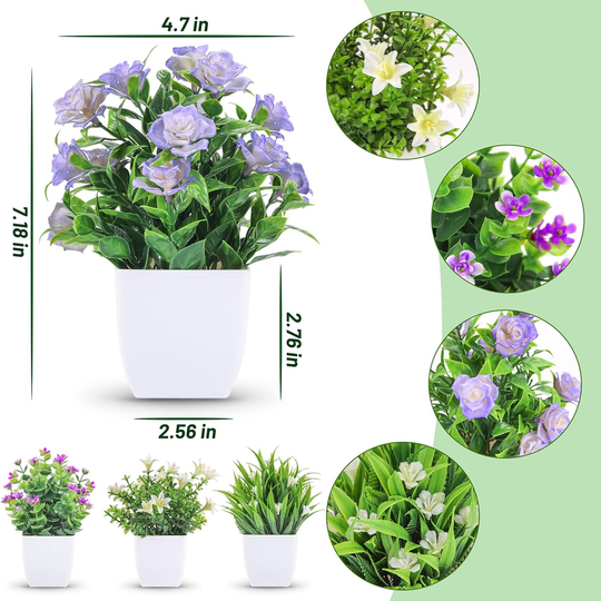 Pack of Mini Artificial Plants with Flowers, Small Faux Plants for Indoor Decor